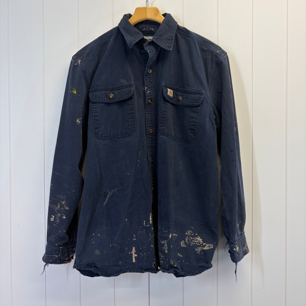 Carhartt Y2K Distressed Canvas Button Down Shirt Men Medium Paint Splatter